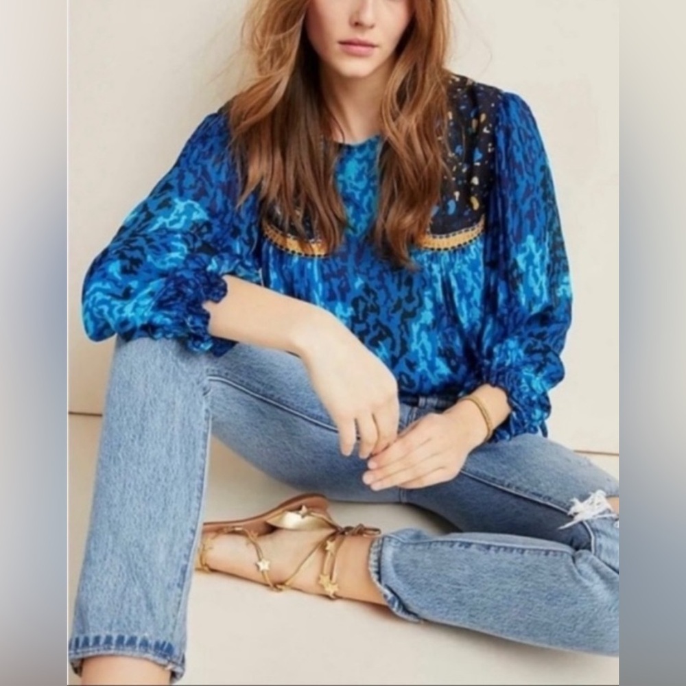 NWT Blank London Anthropologie Miranda Peasant Blouse Top Blue Size SP